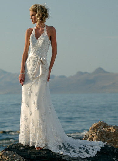 Lace Over Tulle Halter Beach Wedding Dress with Ribbon Sash Hoprom Lace Over Tulle Halter Beach Wedding Dress with Ribbon Sash Hoprom