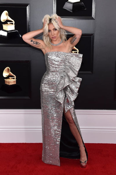 Silver Lady Gaga Stunning Sequin Gown Slit Dress Asymmetrical Prom Red Carpet Formal Dress Grammy Awards