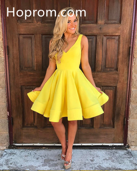 Yellow Homecoming Dress, Deep V-neck Short Cute Party Dresses