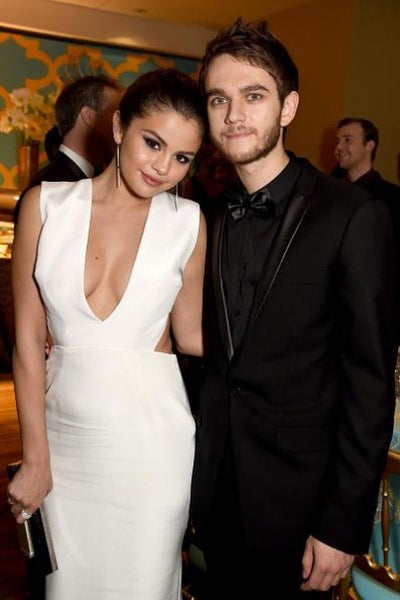 White Selena Gomez V Neck Open Back Prom Celebrity Dress Red Carpet Golden Globes