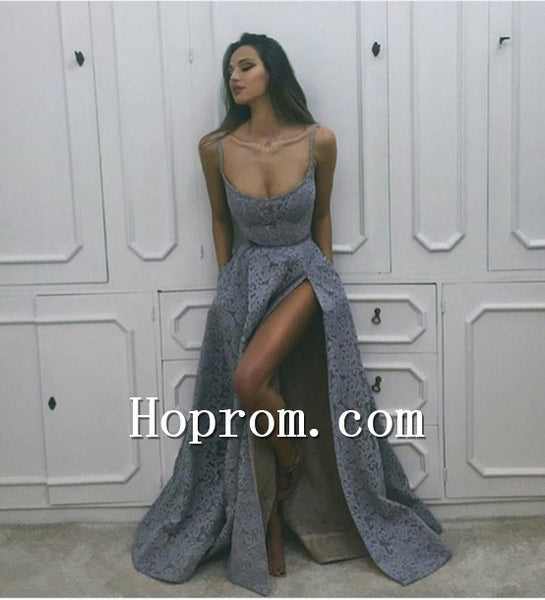 2020 Spaghetti Straps Grey Lace Prom Dress Evening Dresses