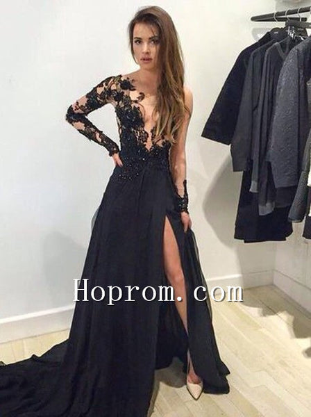 Long Sleeve A-Line Black Prom Dress Evening Dresses