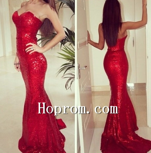 2020 Sweetheart Red Mermaid Sequins Prom Dress Evening Dresses