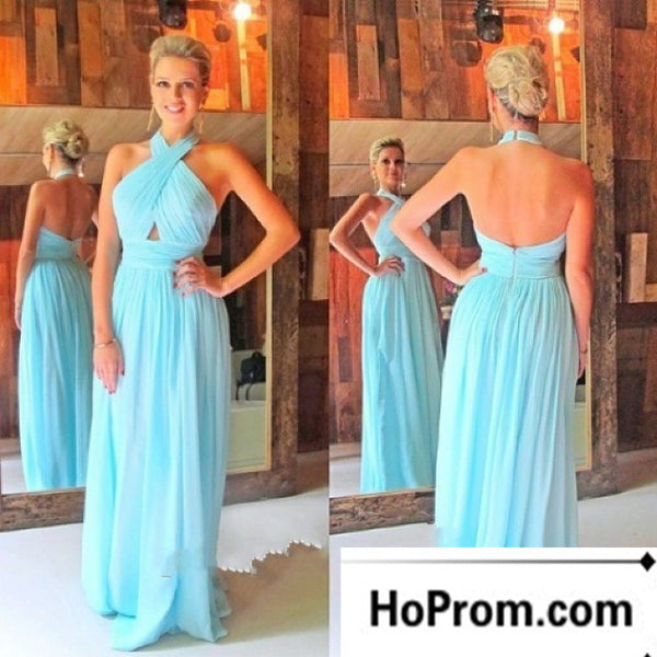 A-Line Halter Blue Chiffon Prom Dress Evening Dresses