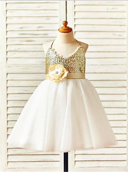Tulle Princess Halter Sleeveless Sequin Flower Girl Dresses Tea Length Dress