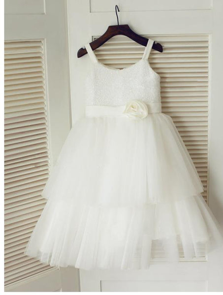 Long Tulle Princess Spaghetti Straps Flower Girl Dresses With Hand-Made Flower