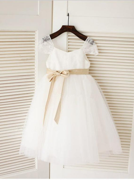 Long Tulle Scoop Sleeveless Flower Girl Dresses Ball Gown With Bowknot