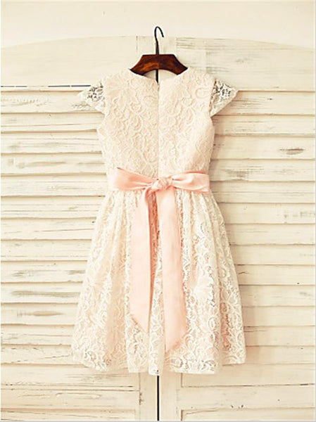 Lace Princess Scoop Short Sleeves Flower Girl Dresses Floor Length With Hand-made Flower