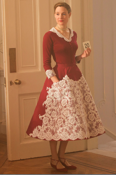 Red Long Sleeve Vicky Krieps Alma Movie Phantom Thread Dress V-neck Lace Evening Dress