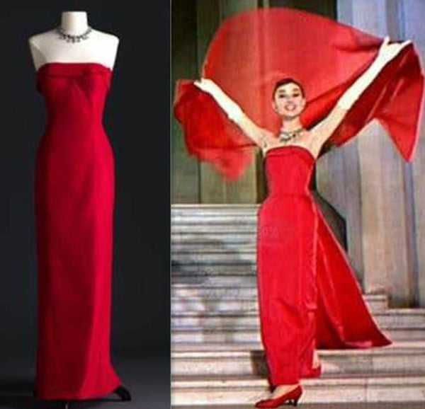 Audrey Hepburn Red Dress Satin Strapless Prom Dress in Funny Face