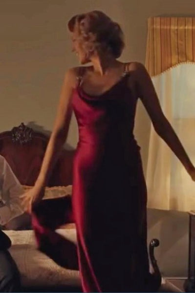 Burgundy Blake Lively Dress Backless Spaghetti Strap Prom Dress in Café Society