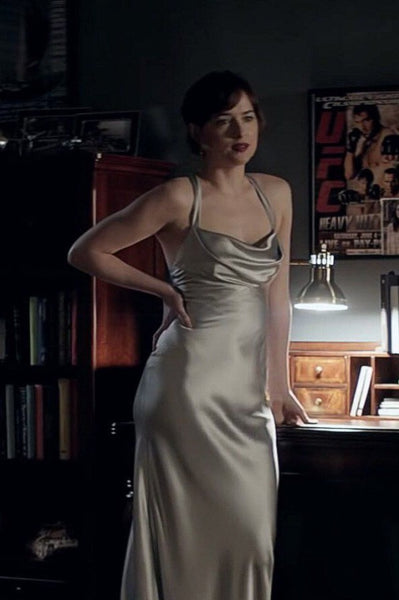 Dakota Johnson Silver Dress Backless Satin Prom Dress in Fifty Shades Darker