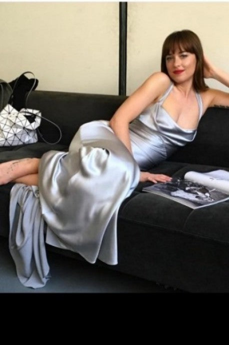Dakota Johnson Silver Dress Backless Satin Prom Dress in Fifty Shades Hoprom Dakota Johnson Silver Dress Backless Satin Prom Dress in Fifty Shades Hoprom