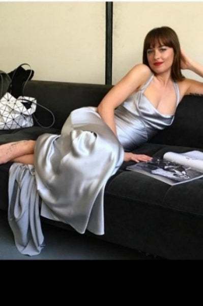 Dakota Johnson Silver Dress Backless Satin Prom Dress in Fifty Shades Darker
