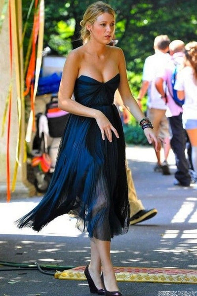 Navy Blue Blake Lively Dress Strapless Prom Dress