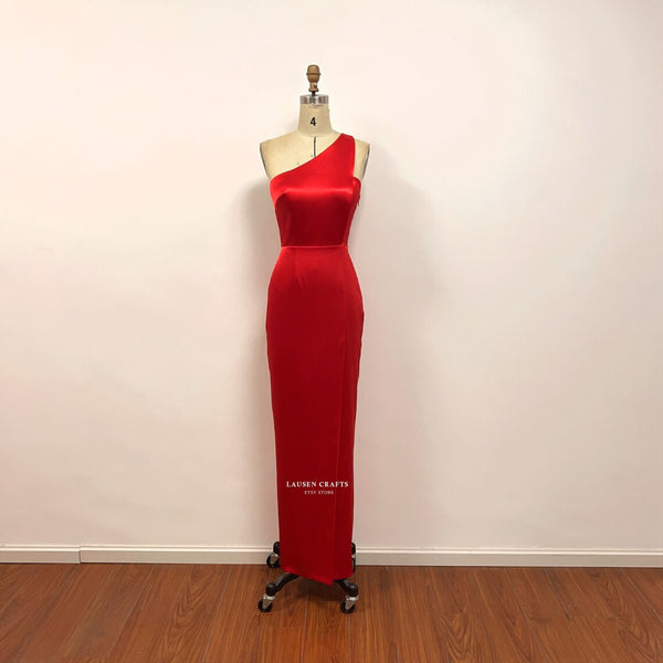 Red Satin Formal Dress One Shoulder Prom Dress with Slit
