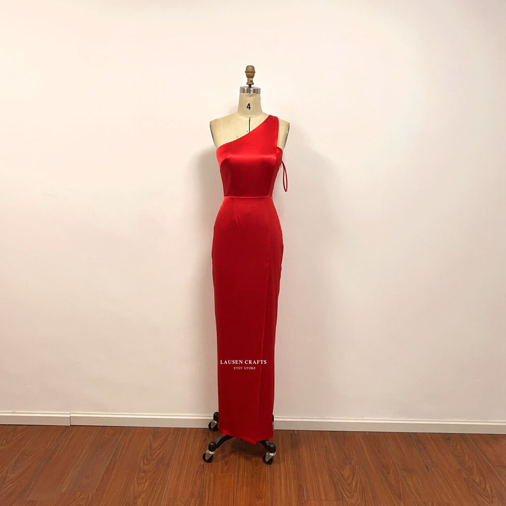Red Satin Formal Dress One Shoulder Prom Dress with Slit – Hoprom Red Satin Formal Dress One Shoulder Prom Dress with Slit – Hoprom