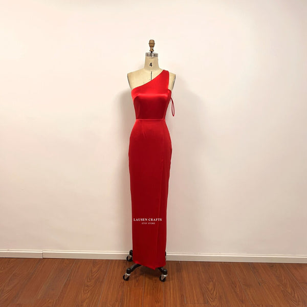 Red Satin Formal Dress One Shoulder Prom Dress with Slit