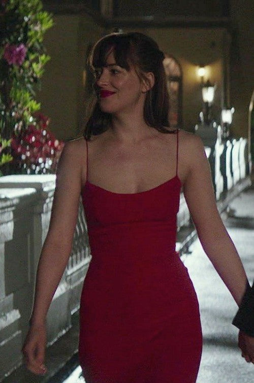 fifty shades freed red dress Dakota Johnson in Elie Saab filming Fifty Shades Series