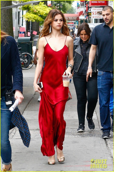 Selena Gomez Red Dress Slip Spaghetti Strap Prom Dress