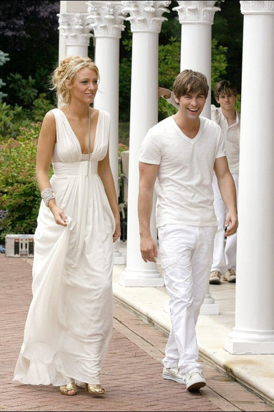 White Blake Lively Dress V Neck Prom Dress