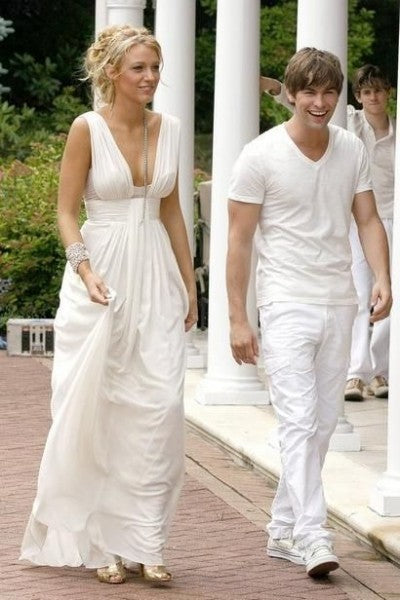 White Blake Lively Dress V Neck Prom Dress