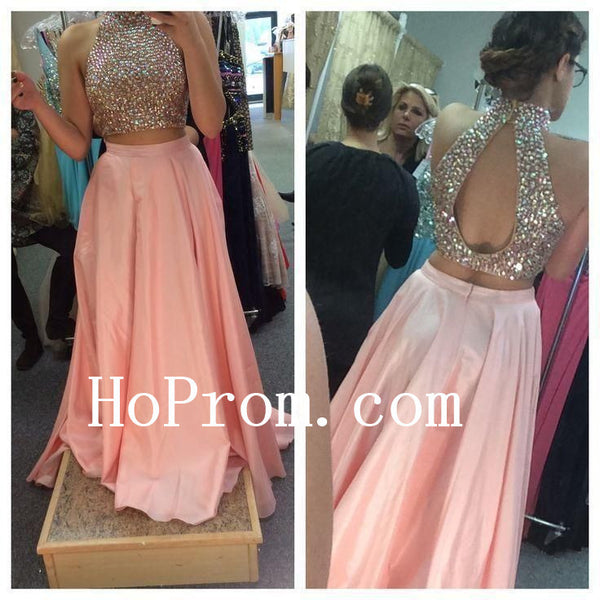 Two Piece Pink Prom Dresses,Beading Prom Dress,Evening Dress
