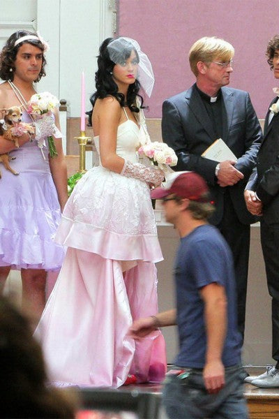 Pink Katy Perry High Low Spaghetti Straps Wedding Bridal Gown Layered Celebrity Dress For Sale