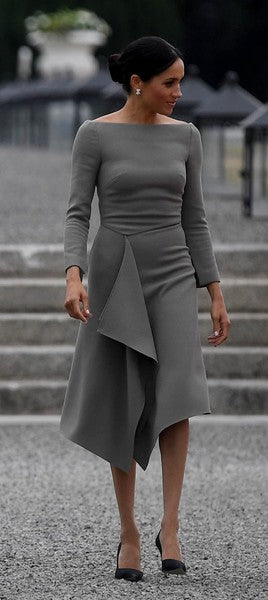 Grey Meghan Markle Long Sleeves Asymmetrical Prom Celebrity Dress Style Cocktail Outfit Visit to Ireland