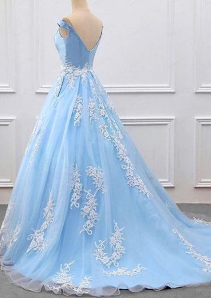The Off Shoulder Blue Prom Dresses V Neck Prom Ball Gown