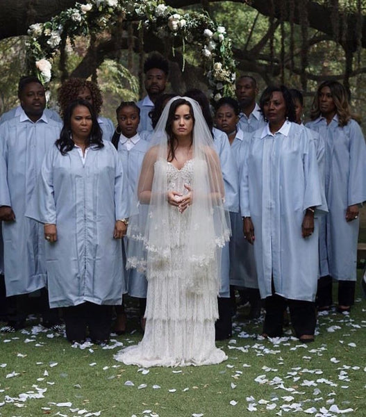White Demi Lovato Bridal Gown Lace Wedding Strapless Layered Celebrity Dress Replica