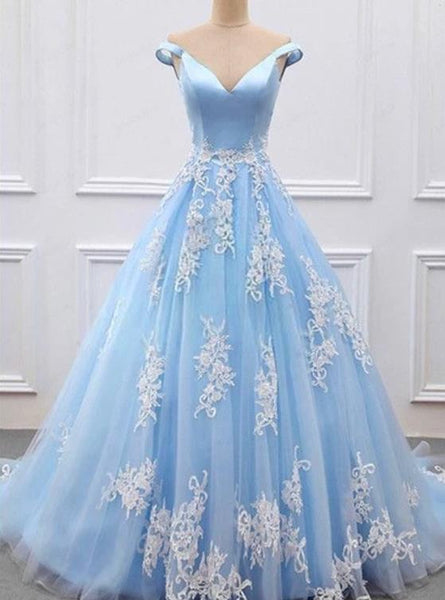 The Off Shoulder Blue Prom Dresses V Neck Prom Ball Gown