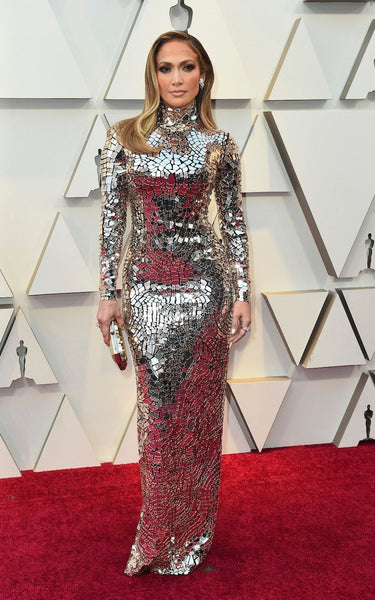 Silver Jennifer Lopez (J.Lo) Sequin High Neck Sheath Dress Long Sleeves Prom Celebrity Red Carpet Dress Oscars