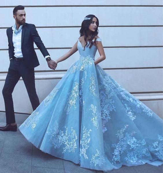 The Off Shoulder Blue Prom Dresses V Neck Prom Ball Gown