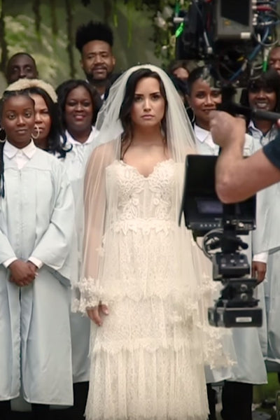 White Demi Lovato Bridal Gown Lace Wedding Strapless Layered Celebrity Dress Replica