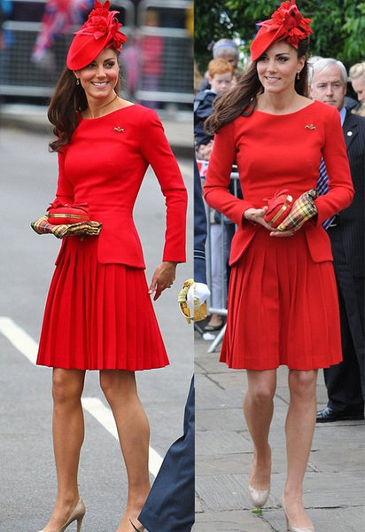 Red Princess Kate Middleton Corset Cocktail Dress Peplum Prom Celebrity Formal Dress Diamond Jubilee River
