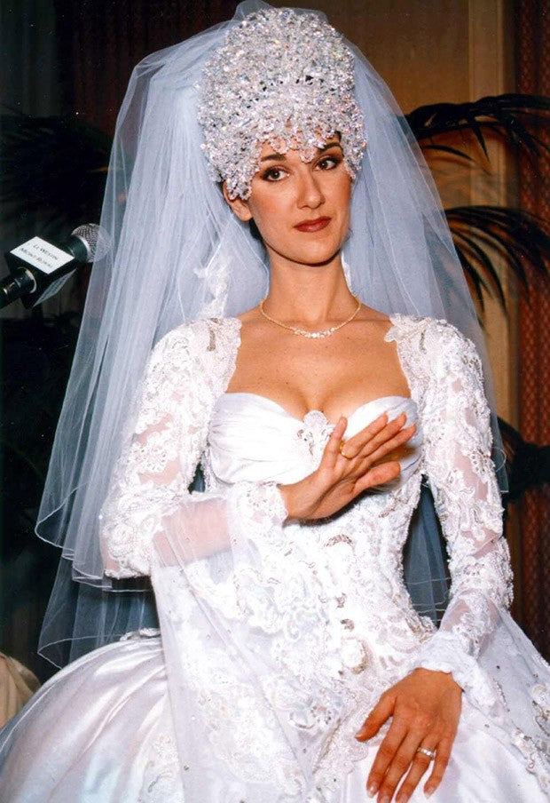 celine dion wedding dress designer Celine Dion Reveals How Her Iconic Wedding Headpiece Sent Her to the Doctor
