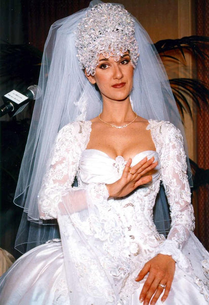 White Celine Dion Long Sleeve Lace Wedding Dress Best Celebrity Princess Bridal Gown For Sale