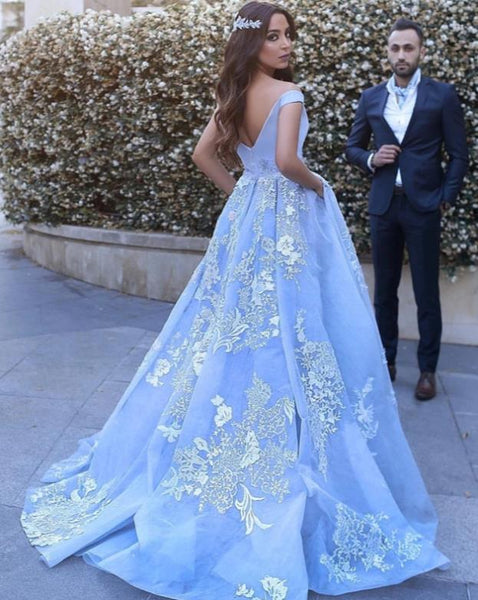 The Off Shoulder Blue Prom Dresses V Neck Prom Ball Gown