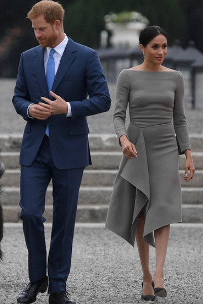 Grey Meghan Markle Long Sleeves Asymmetrical Prom Celebrity Dress Style Cocktail Outfit Visit to Ireland