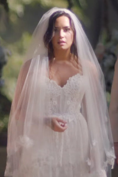 White Demi Lovato Bridal Gown Lace Wedding Strapless Layered Celebrity Dress Replica