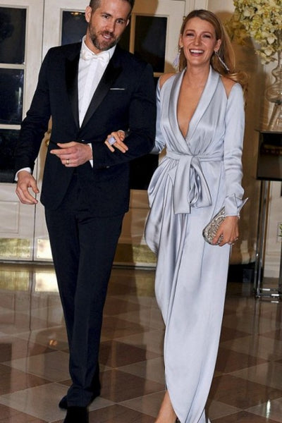Silver Blake Lively Long Sleeves Dress V Neck Prom Celebrity Formal Dress White House State Dinner