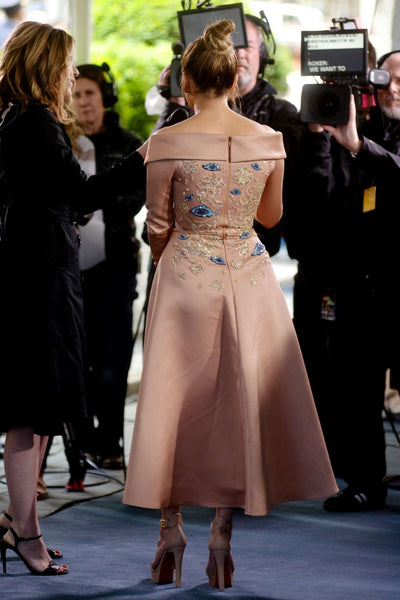 Rose Gold Jennifer Lopez (J.Lo) V Neck Slit Dress Applique Prom Celebrity Dress NBCUniversal Upfront