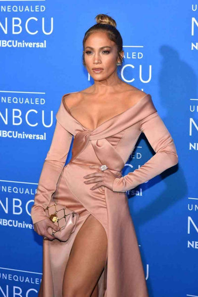 Rose Gold Jennifer Lopez (J.Lo) V Neck Slit Dress Applique Prom Celebrity Dress NBCUniversal Upfront