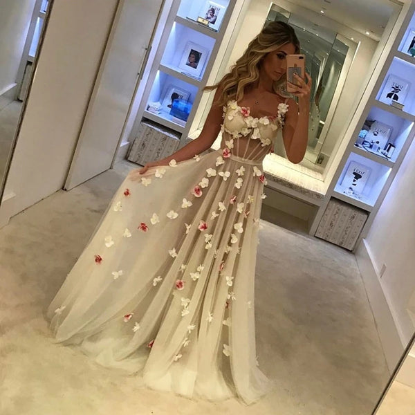 3D Floral Sexy Prom Dresses See Through Evening Dresses