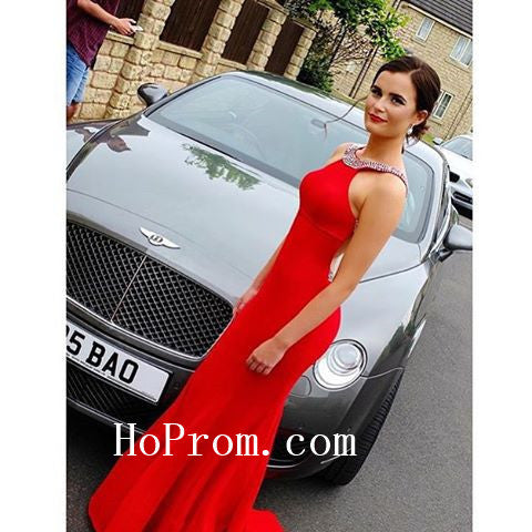 Red Halter Prom Dresses,Mermaid Prom Dress,Satin Evening Dresses