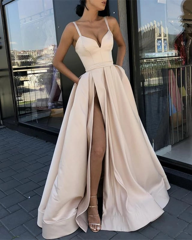 Straps High Slit Prom Dresses V Neck Evening Formal Dresses Black, Bei Hoprom Straps High Slit Prom Dresses V Neck Evening Formal Dresses Black, Bei Hoprom