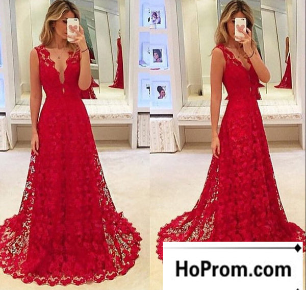 Deep V-Neck Red Lace Prom Dress Evening Dresses