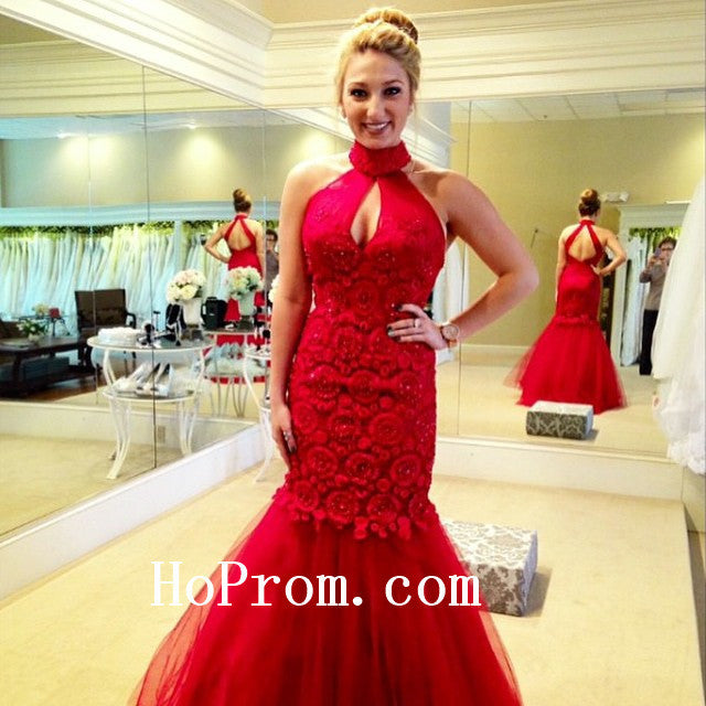 Flower Applique Prom Dresses,Mermaid Prom Dress,Red Evening Dress