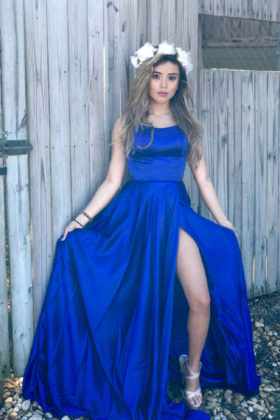 Simple High Slit Prom Dresses Backless Evening Dresses Blue Green Burgundy